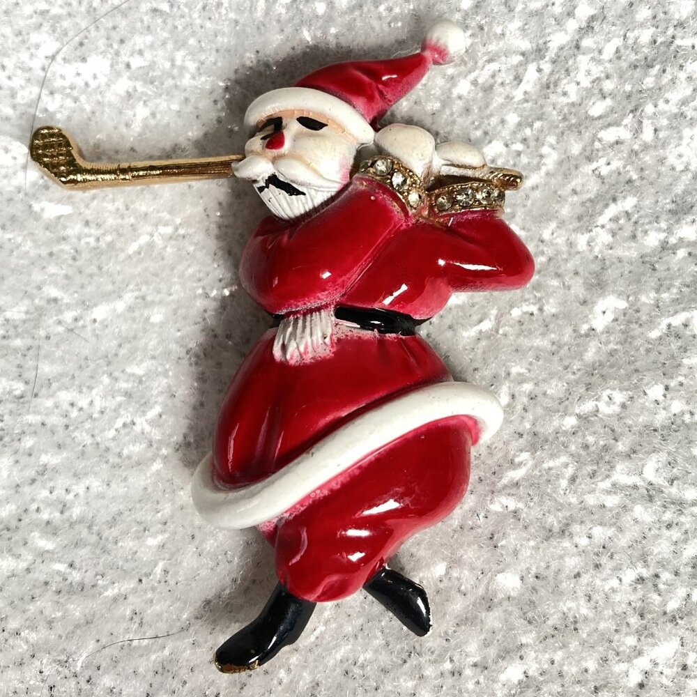 Vintage Christmas Pin, Santa‎ Playing Golf Brooch Enamel w Rhinestones Gold Club